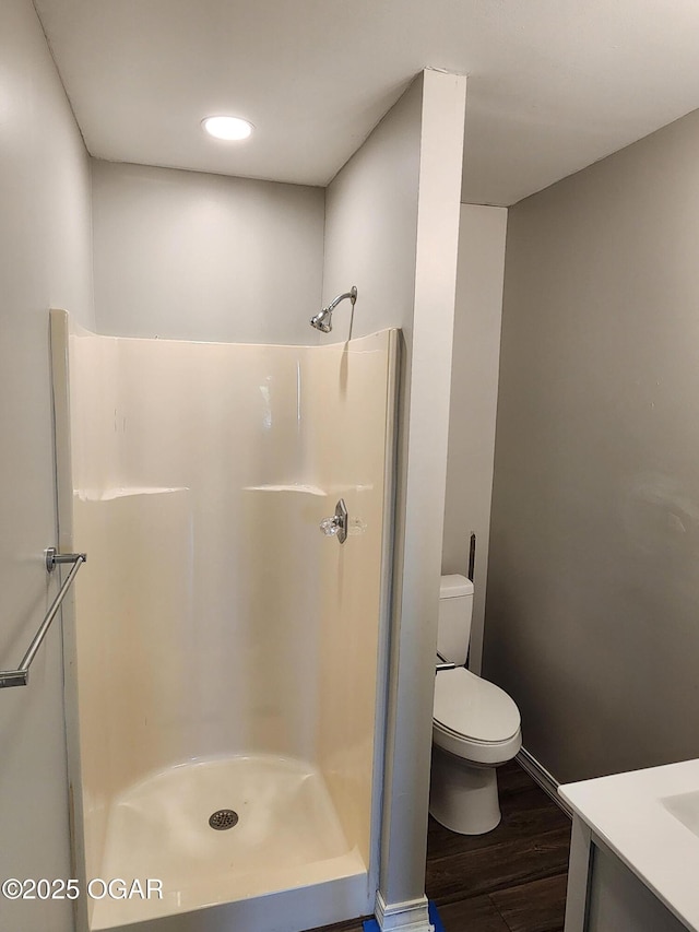 208 NW 10th Rd, Lamar, MO 64759 - full bath with wood finished floors, a stall shower, toilet, recessed lighting, and vanity