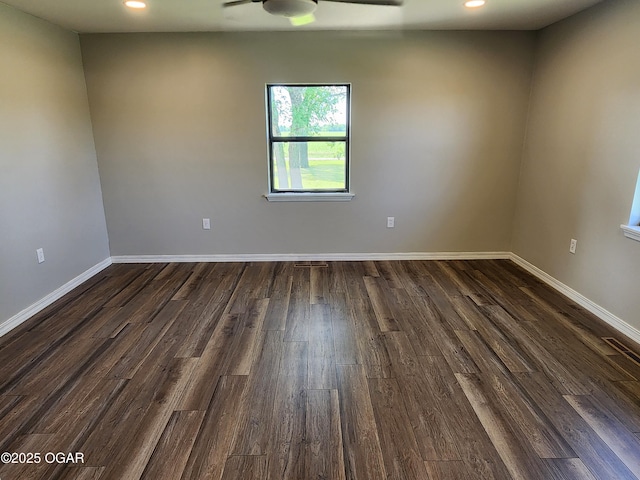 208 NW 10th Rd, Lamar, MO 64759 - empty room with ceiling fan, recessed lighting, dark wood-style flooring, and baseboards
