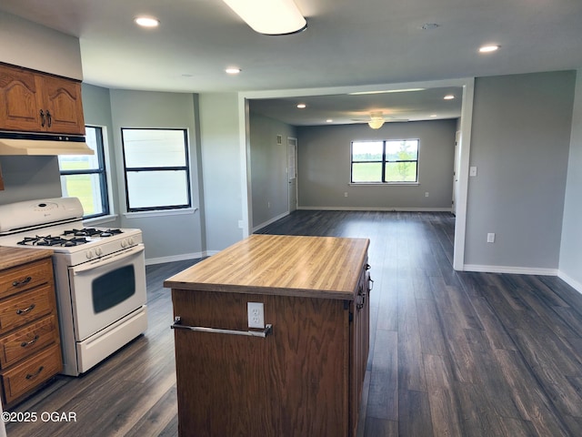 208 NW 10th Rd, Lamar, MO 64759 - kitchen featuring white gas range oven, under cabinet range hood, butcher block counters, baseboards, and recessed lighting