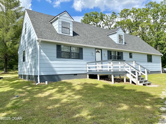 21522 Old Ritchey Rd, Granby, MO 64844 - cape cod house featuring a wooden deck, a front lawn, and a shingled roof