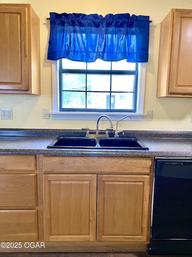 21522 Old Ritchey Rd, Granby, MO 64844 - kitchen featuring black dishwasher, a sink, dark countertops, and light brown cabinets