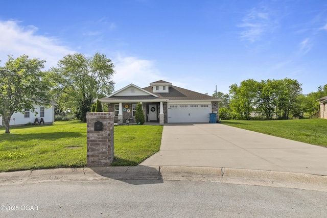 view of front of property featuring concrete driveway, a front yard, a garage, and covered porch