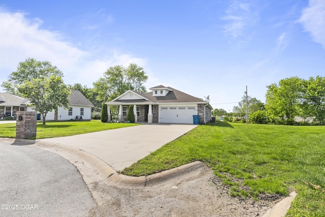 craftsman house with driveway, a front yard, and an attached garage
