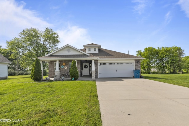 view of front of house with a garage, driveway, a front yard, and a shingled roof