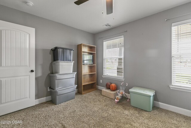 miscellaneous room featuring carpet flooring, a ceiling fan, and baseboards