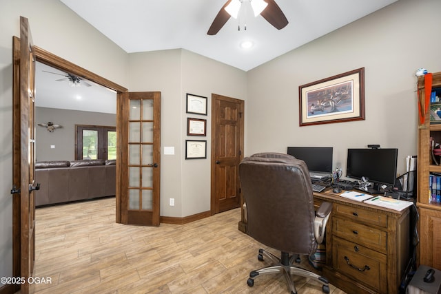 12244 County Rd 227, Oronogo, MO 64855 - office area with ceiling fan, french doors, light wood finished floors, and baseboards