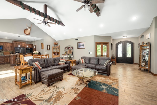 12244 County Rd 227, Oronogo, MO 64855 - living room with a ceiling fan, light wood-style flooring, french doors, recessed lighting, and high vaulted ceiling