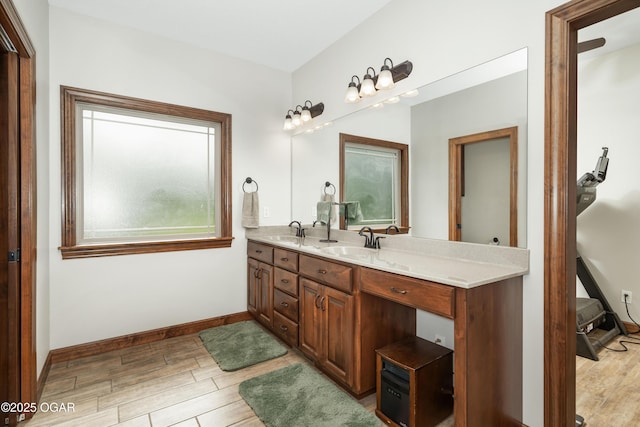 12244 County Rd 227, Oronogo, MO 64855 - full bathroom featuring wood finished floors, double vanity, and baseboards