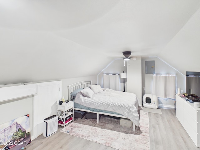 720 Chestnut Ave, Joplin, MO 64801 - bedroom with light wood-style flooring, lofted ceiling, and electric panel