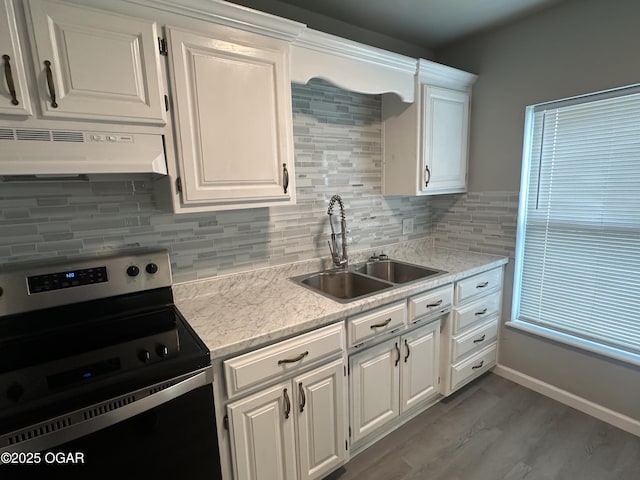 720 Chestnut Ave, Joplin, MO 64801 - kitchen with electric stove, a sink, under cabinet range hood, white cabinetry, and backsplash