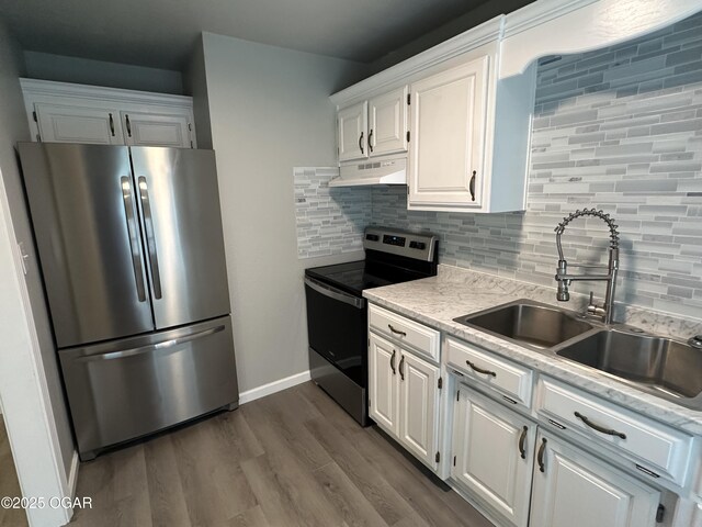 720 Chestnut Ave, Joplin, MO 64801 - kitchen featuring appliances with stainless steel finishes, a sink, under cabinet range hood, light countertops, and white cabinetry