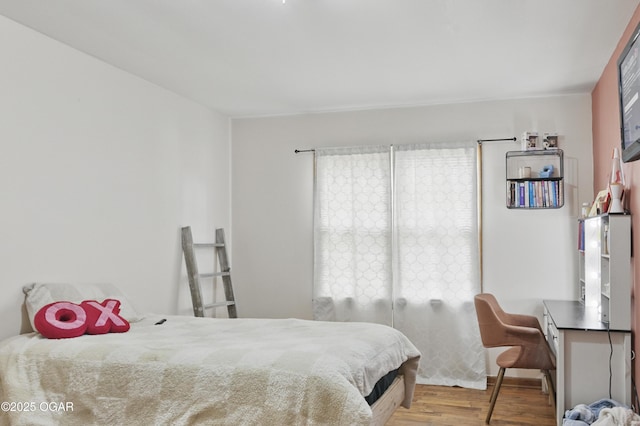 bedroom featuring wood finished floors and multiple windows