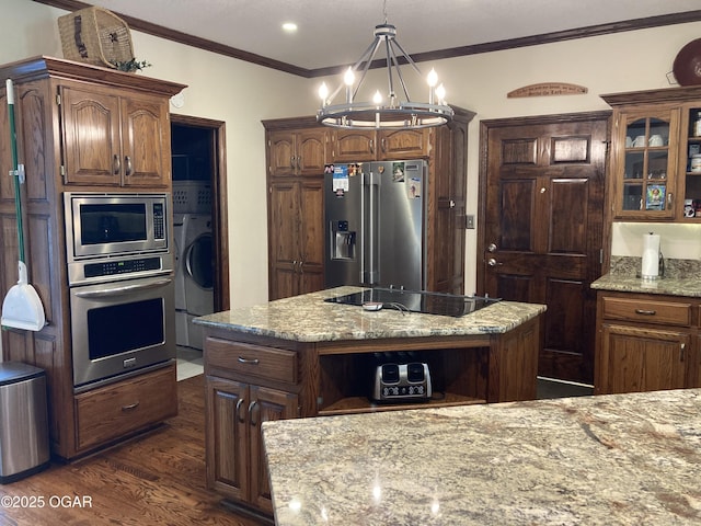 kitchen with stainless steel appliances, open shelves, crown molding, dark wood-style floors, and a chandelier