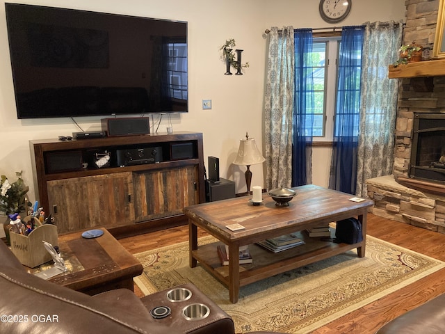 living room featuring wood finished floors and a fireplace