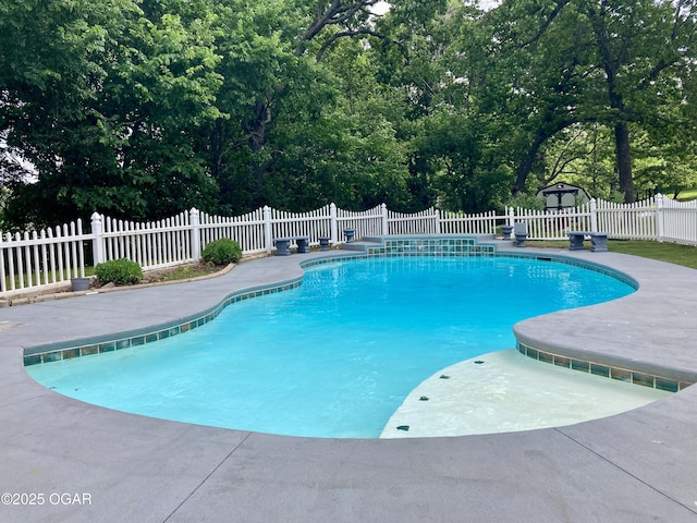 view of swimming pool featuring a fenced backyard and a patio