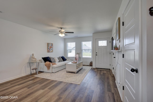 414 Eagle Edge Ave, Duenweg, MO 64841 - living room with ceiling fan, dark wood-style flooring, and baseboards