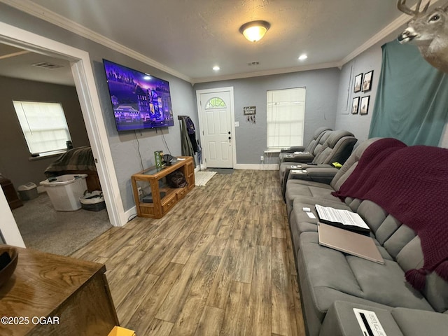 304 Market St, Wentworth, MO 64873 - living area with wood finished floors, crown molding, baseboards, plenty of natural light, and recessed lighting