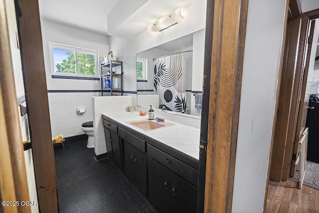 103 E Mockingbird Ln, Crane, MO 65633 - full bath featuring toilet, vanity, tile walls, wainscoting, and wood finished floors
