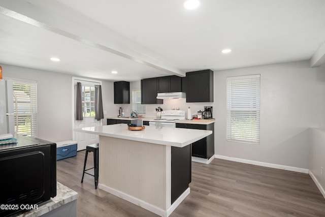201 S Tom, Webb City, MO 64870 - kitchen featuring white range with electric stovetop, light countertops, a kitchen island, under cabinet range hood, and recessed lighting