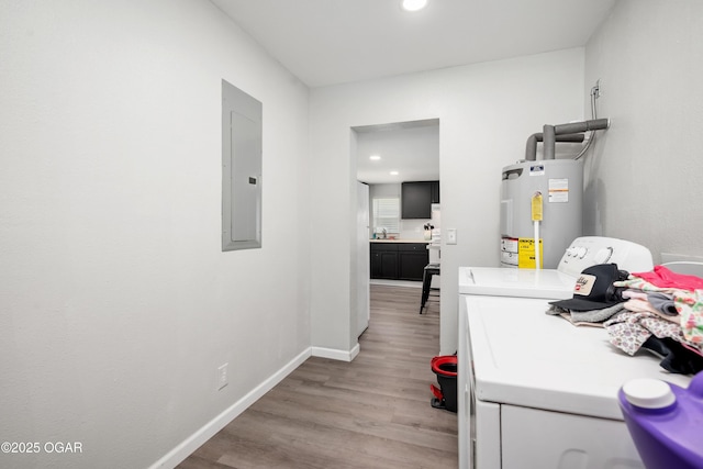 201 S Tom, Webb City, MO 64870 - laundry area with water heater, washing machine and clothes dryer, electric panel, light wood finished floors, and baseboards