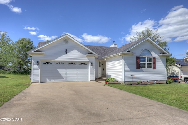 505 W Gault St, Carl Junction, MO 64834 - ranch-style house with driveway, a front lawn, an attached garage, and a shingled roof