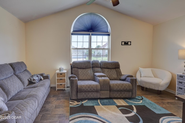 505 W Gault St, Carl Junction, MO 64834 - living room with ceiling fan, baseboards, vaulted ceiling, and parquet floors
