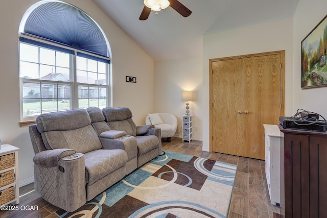 505 W Gault St, Carl Junction, MO 64834 - living room with a ceiling fan, vaulted ceiling, wood finished floors, and baseboards
