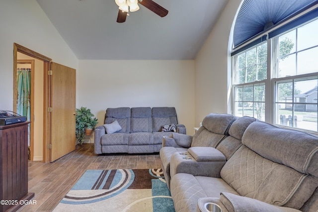 505 W Gault St, Carl Junction, MO 64834 - living room featuring vaulted ceiling, a ceiling fan, and light wood finished floors