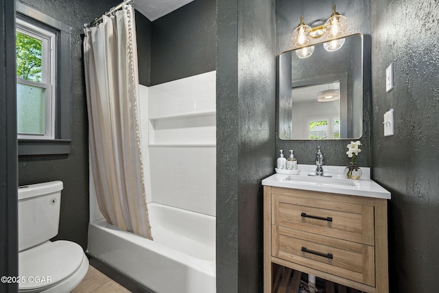 2716 E 14th St, Joplin, MO 64801 - full bathroom featuring vanity, toilet, shower / bath combo, and a textured wall