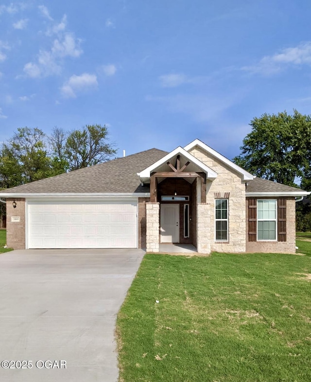 2005 Eagle Dr, Neosho, MO 64850 - ranch-style house with concrete driveway, a garage, a front lawn, roof with shingles, and stone siding