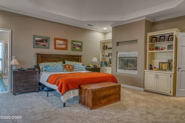 4 Emerald Dr, Joplin, MO 64804 - bedroom featuring light carpet, ornamental molding, recessed lighting, baseboards, and a glass covered fireplace