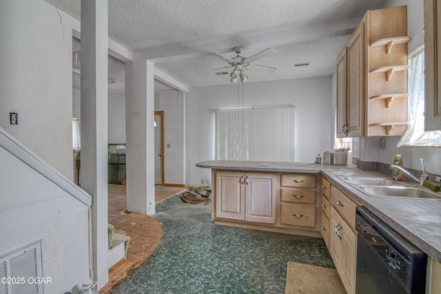 219 N Moffet Ave, Joplin, MO 64801 - kitchen featuring a sink, dishwasher, light brown cabinets, a textured ceiling, and a ceiling fan