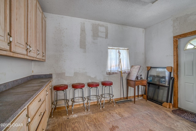 219 N Moffet Ave, Joplin, MO 64801 - kitchen featuring light wood finished floors, a textured ceiling, light brown cabinetry, and dark countertops