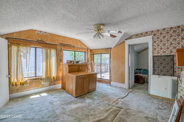 219 N Moffet Ave, Joplin, MO 64801 - unfurnished office featuring lofted ceiling, ceiling fan, wallpapered walls, light carpet, and a textured ceiling