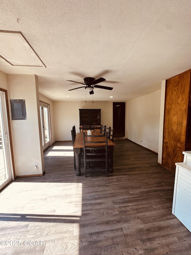 1926 S Main St, Carthage, MO 64836 - dining room featuring wood finished floors, healthy amount of natural light, ceiling fan, electric panel, and a textured ceiling