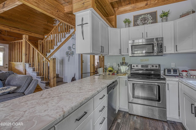 3219 Hughes Ave, Parsons, KS 67357 - kitchen with appliances with stainless steel finishes, wood ceiling with exposed beams, dark wood-style floors, open floor plan, and white cabinets