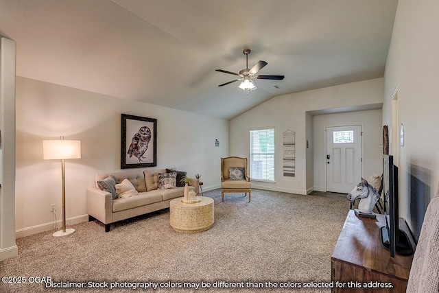 1619 Sedge St, Joplin, MO 64801 - living area with carpet floors, lofted ceiling, a ceiling fan, and baseboards