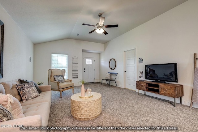 1619 Sedge St, Joplin, MO 64801 - living area featuring vaulted ceiling, ceiling fan, carpet, and baseboards