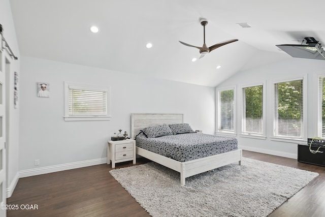 5594 Riverside Dr, Joplin, MO 64804 - bedroom with multiple windows, lofted ceiling, dark wood-style flooring, recessed lighting, and a ceiling fan