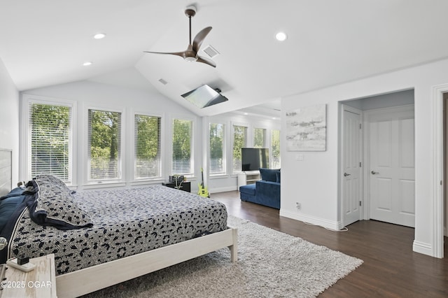 5594 Riverside Dr, Joplin, MO 64804 - bedroom featuring dark wood-style flooring, lofted ceiling, baseboards, recessed lighting, and ceiling fan