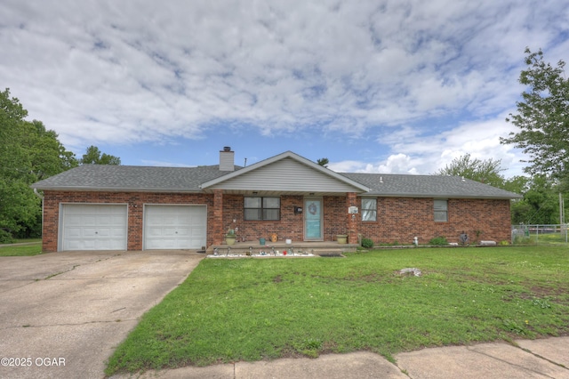 610 N Madison St, Webb City, MO 64870 - ranch-style house featuring brick siding, a garage, driveway, a chimney, and a shingled roof