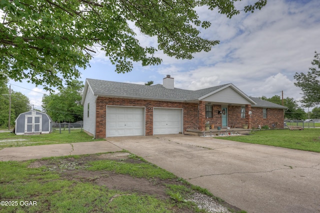 610 N Madison St, Webb City, MO 64870 - ranch-style home featuring an attached garage, brick siding, a chimney, driveway, and covered porch