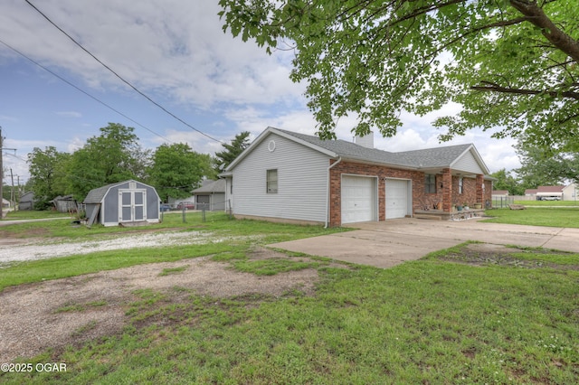 610 N Madison St, Webb City, MO 64870 - view of side of property featuring an attached garage, a chimney, driveway, and brick siding