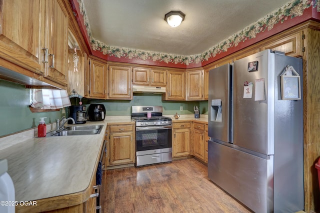 610 N Madison St, Webb City, MO 64870 - kitchen featuring appliances with stainless steel finishes, a sink, under cabinet range hood, light countertops, and dark wood-style floors