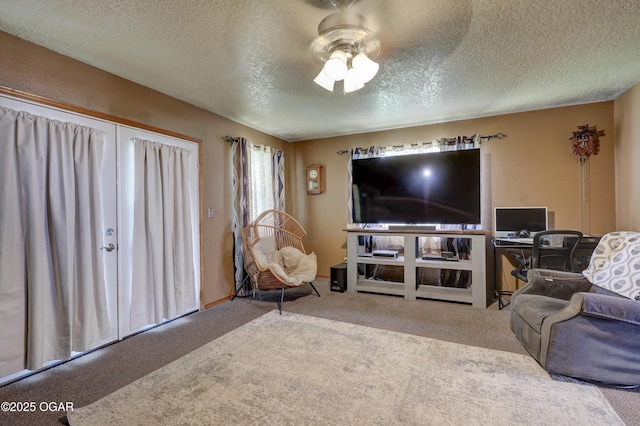 610 N Madison St, Webb City, MO 64870 - living room with carpet, a textured ceiling, and a ceiling fan