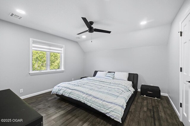 3802 Fawn Trl, Joplin, MO 64804 - bedroom with lofted ceiling, baseboards, wood finished floors, recessed lighting, and a ceiling fan