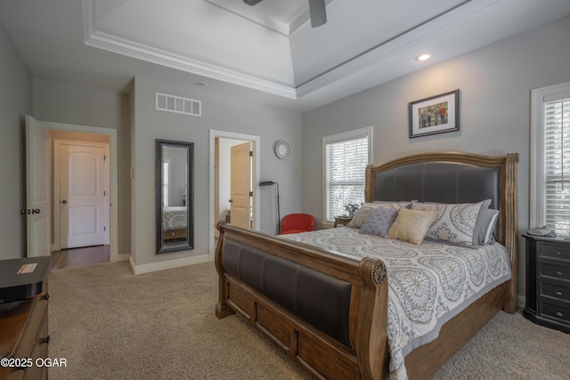 20951 Jasmine Ln, Webb City, MO 64870 - carpeted bedroom featuring a raised ceiling, ceiling fan, crown molding, baseboards, and recessed lighting