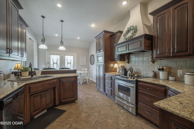 20951 Jasmine Ln, Webb City, MO 64870 - kitchen featuring dishwasher, electric stove, a sink, premium range hood, and backsplash