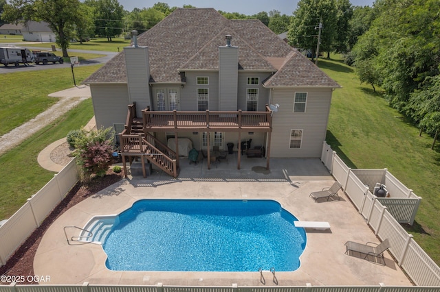 20951 Jasmine Ln, Webb City, MO 64870 - rear view of property featuring a wooden deck, stairway, a patio area, a chimney, and roof with shingles