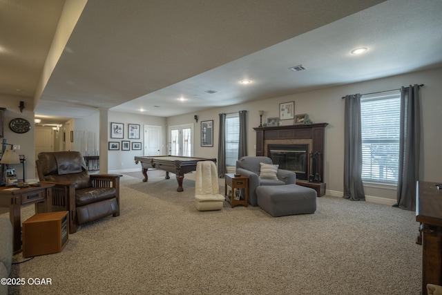 20951 Jasmine Ln, Webb City, MO 64870 - living room with carpet flooring, pool table, healthy amount of natural light, baseboards, and recessed lighting